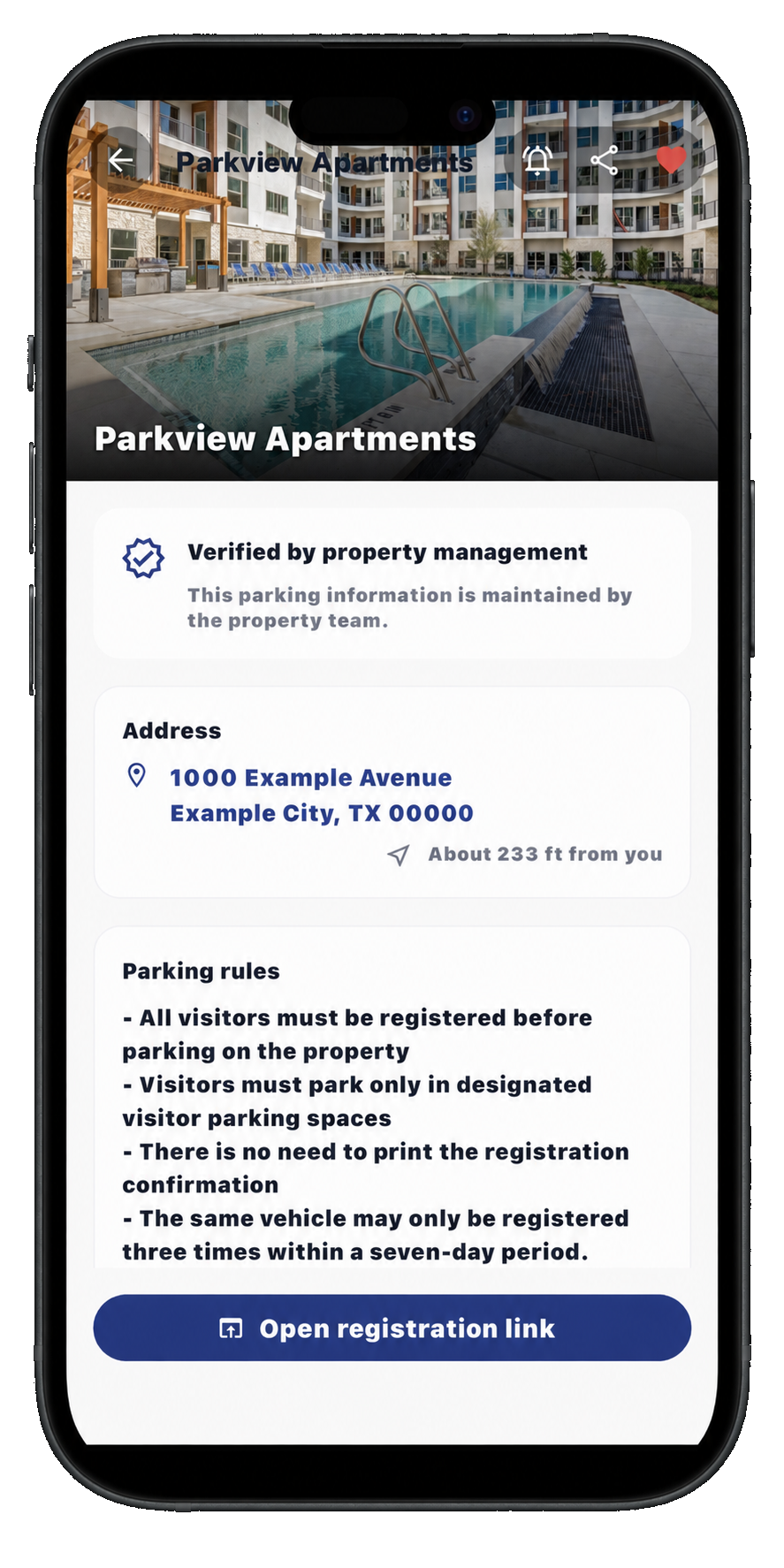 Park Relay property page showing verified parking rules and registration access